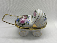 Baby Carriage Stroller Jewelry Trinket Box Porcelain 4" x 3" x 2"