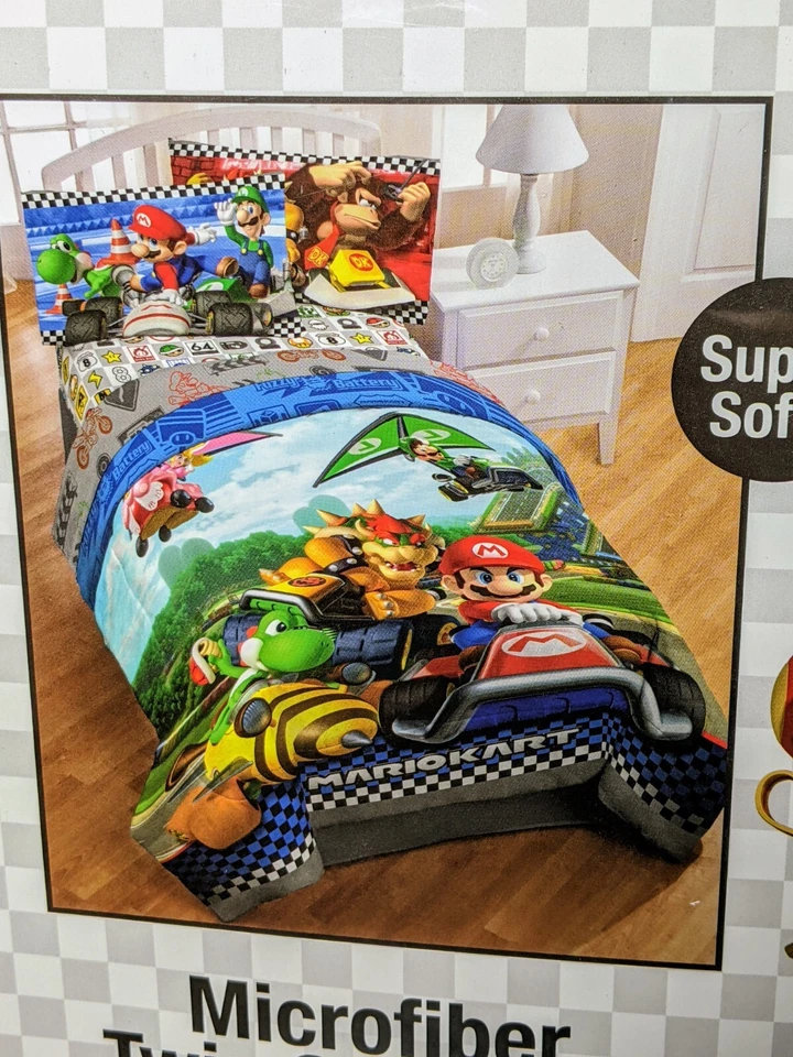 任天堂超级马里奥卡丁车双面儿童超细纤维双被子 64"x86" 全新 — 第 3/3 张图片