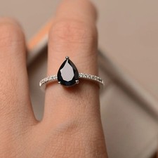 Black Spinel Ring Natural Pear Gemstone 925 Sterling Silver Dainty Ring