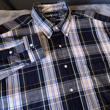 Vintage Ralph Lauren Big Shirt Men  s XL Blue Plaid Button Up Cotton Hong Kong