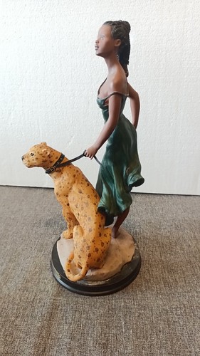 EBONY TREASURES BEAUTIFUL YOUNG WOMAN WITH LEAPORD FIGURINE - Picture 2 of 10