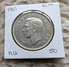 1951  SLIGHTLY TONED - A/U -50  CANADIAN SILVER DOLLAR COIN-MONEY