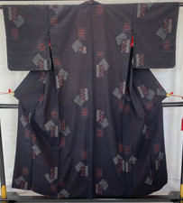 Japanese Vintage Kimono Silk Black Tumugi Komon Traditional Authentic Length60in