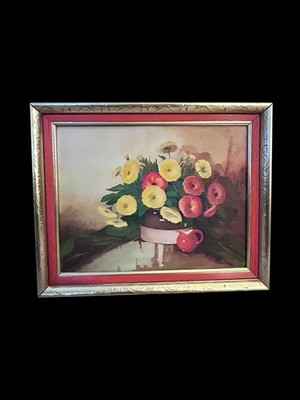 Original Oil Painting Little Red Pitcher Crock & Flowers Bess Tibbetts Framed