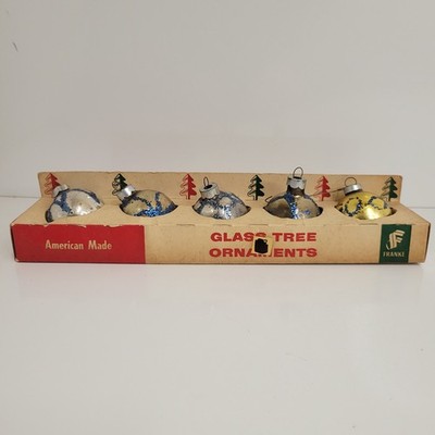 Vintage Franke Glass Tree Ornaments Box of 5 Blue Stencil Glitter Made in USA