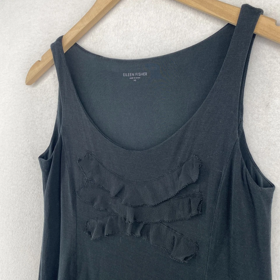Vestido EILEEN FISHER XS Seda Algodón Acanalado Jersey Seda Chifón Ribete Cambio Tanque Negro Foto 2 de 4