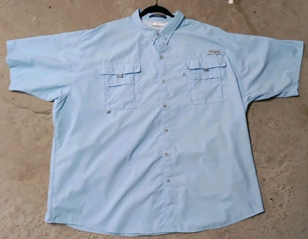 Columbia PFG Omni Shade Bahama Mens Button Down Short Sleeve Fishing Shirt Blue
