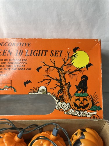 Vtg Halloween Blow Mold Pumpkin Light Set of 10 Jack O Lantern Ghost String Box - Picture 3 of 8