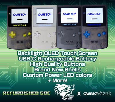 Gameboy Color *PREMIUM* OLED Screen RECHARGEABLE USB-C Battery TACTILE ...