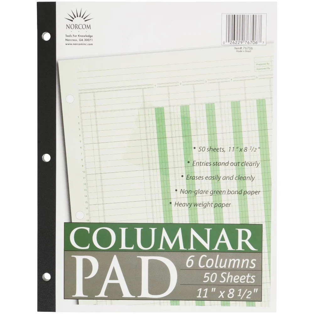 Columnar Ledger Pad, 6 Columns, 8.5 x 11, Letter Size, 50 Sheets, Accounting