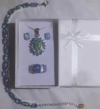 DEAL! Blue Fire Opal Light Blue Topaz Necklace, Earrings, Bracelet, & Ring 7 Set