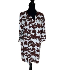 Natori Brown Floral Short Kaftan Coverup MEDIUM Cotton Vacation Resort Oversize 