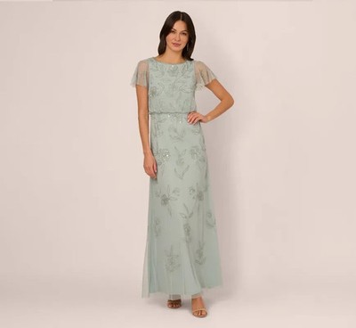 Adrianna Papell Aquadust Green Floral Beaded Blouson Dress Size 14W $229