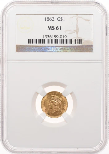1862 $1 NGC MS61 One Dollar Gold Indian Princess Civil War Date