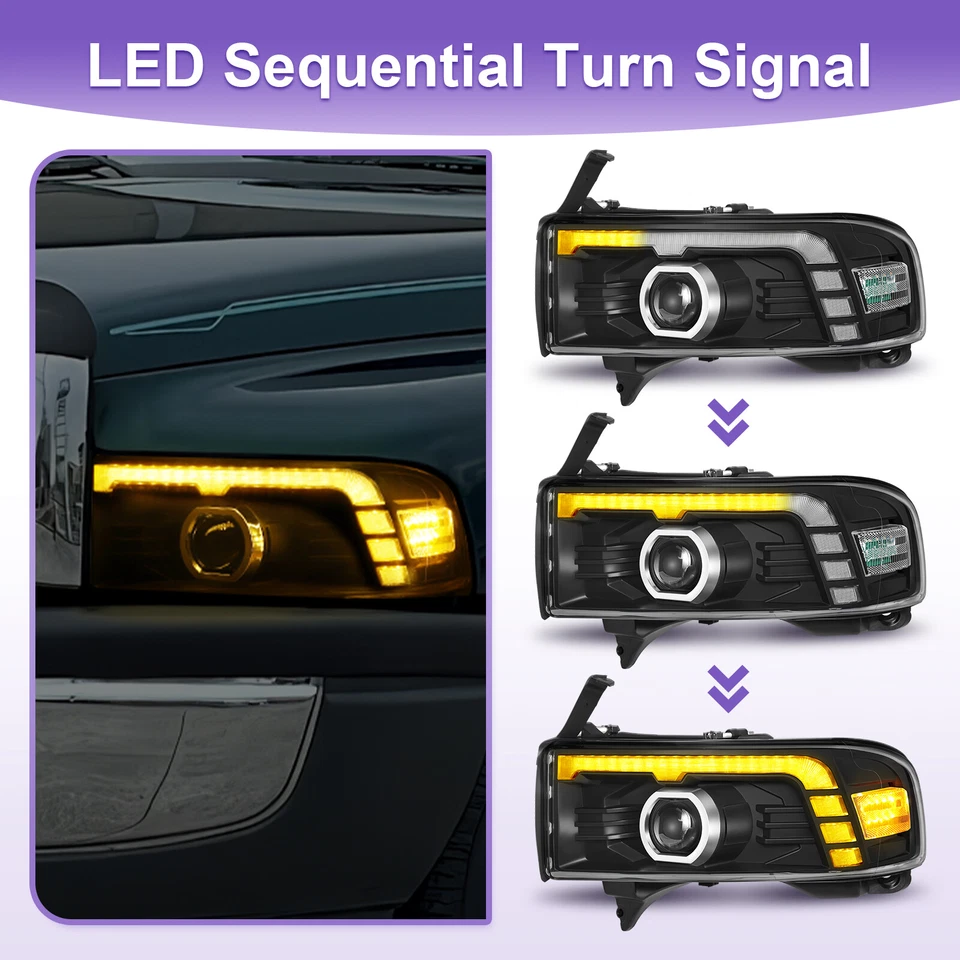 LED Projector DRL Sequential Headlights For 1994-2002 Dodge Ram 1500 2500 3500 - Image 3 of 4