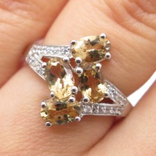 925 Sterling Silver Real Oval-Cut Citrine White Topaz Bypass Ring Size 6.25