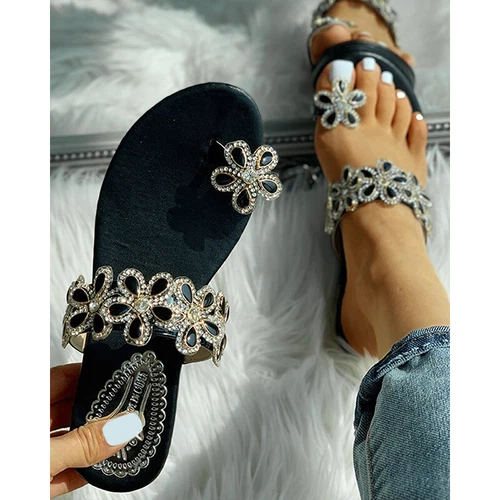 Sandalias planas deslizables con anillo en el dedo del pie de estrás para mujer Zapatos de verano para playa - Imagen 7 de 17