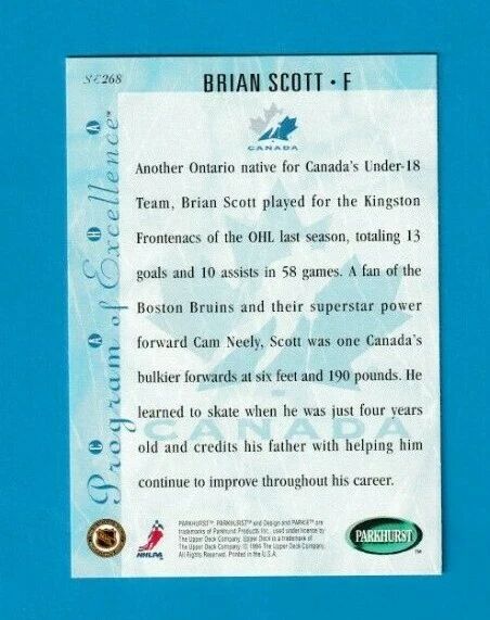 1994-95 Parkhurst SE GOLD parallel # SE268 Brian Scott CANADA - Image 3 of 3