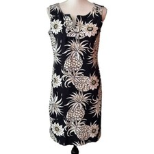 Talbots Pineapple Floral Print Sleeveless Jersey Knit Sheath Dress Small Black
