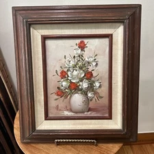 Artist signed Vintage Painting on Canvas “ Red and White Roses "Still Life Frame