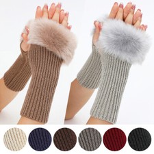 Knitted Fingerless Gloves Mittens Hand Warmers Furry Faux Fur Touch Screen Girls