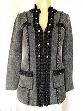 WHBM White House Black Market Black Tweed Jacket Blazer Fringe Chain Pockets 00