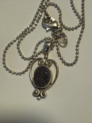 ESTATE JEWELRY MARKED SAJEN 925 SILVER Purple DRUZY QUARTZ PENDANT & Chain - Picture 6 of 8