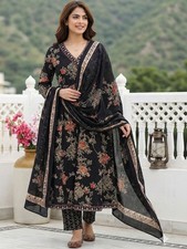 Indian Women Black Cotton Floral Printed A-Line Kurta With Trouser  Dupatta