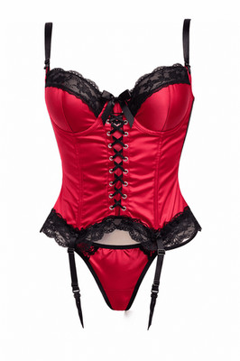 Damen Satin Baskisch Bustier Korsett mit Gratis Strümpfen Dessous Set