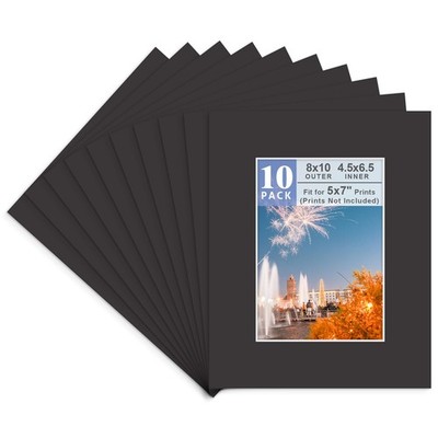 Pack of 10, Acid-Free Black Pre-Cut 8x10 Picture Mat for 5x7 Photo with White
