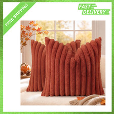 Fall Faux Fur Throw Pillow Covers 18x18 Set of 2 Rust Plush Velvet Soft Home