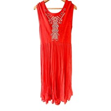 Free People Coral Orange Embroidered Eyelet Boho Midi Dress Sleeveless Medium