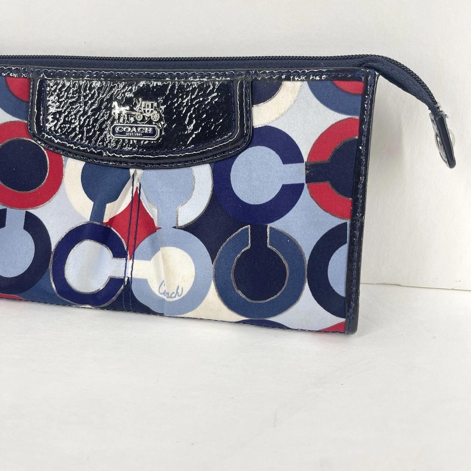 Coach Madison Op Art Portafoglio Doppia Zip Blu Plissettato Portafoglio Y2K Carrozza