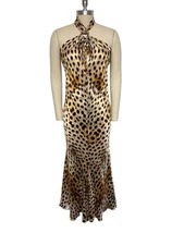 Vtg Roberto Cavalli Long Animal Print Silk Halter Dress 44 L