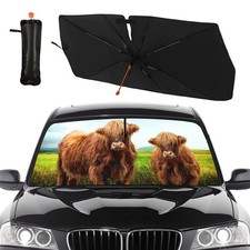Highland Cattle Car Windshield Sun Shade Umbrella Bendable Handle Foldable Cu...