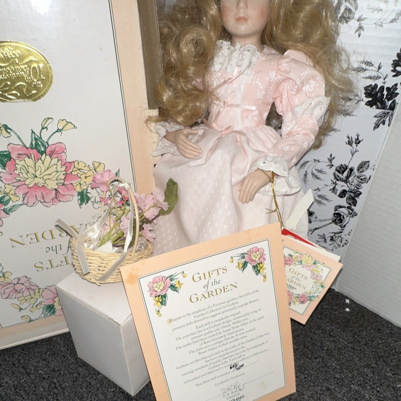 Gorham Gifts of the Garden 16in Porcelain Girl Doll Blonde Basket