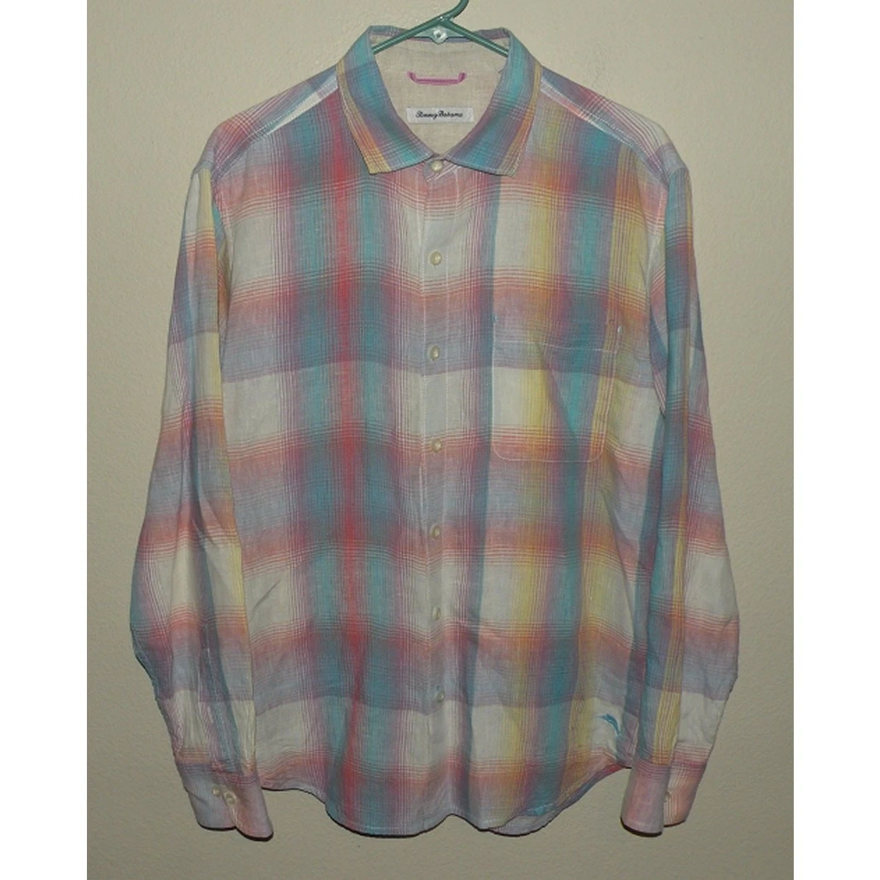 Tommy Bahama Men’s Medium LS Button Shirt Pastels Plaid 100% Linen