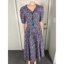 Vintage Laura Ashley Women's Dress UK 12 US 10 Cotton Floral Button Zip J18