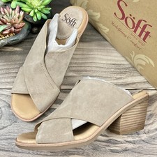 NIB Sofft Perrie Block Heel Slip On Sandal Light Grey Suede Leather 8M