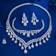 4pcs Silver Plated CZ White Wedding Necklace Earring Bridal Evening Jewelry Set 