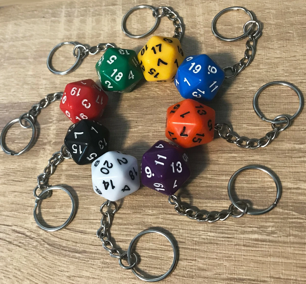 keyring D20 D&D dice, die accessory Dungeons & Dragons custom key ring  colours