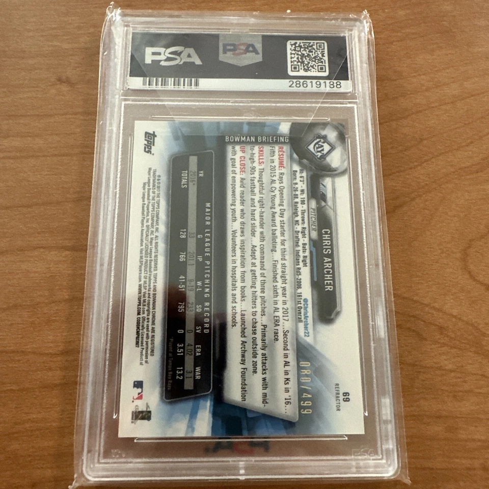 Bowman Chrome Chris Archer Refractor 2017/499 PSA 10 Rays Foto 2 de 4