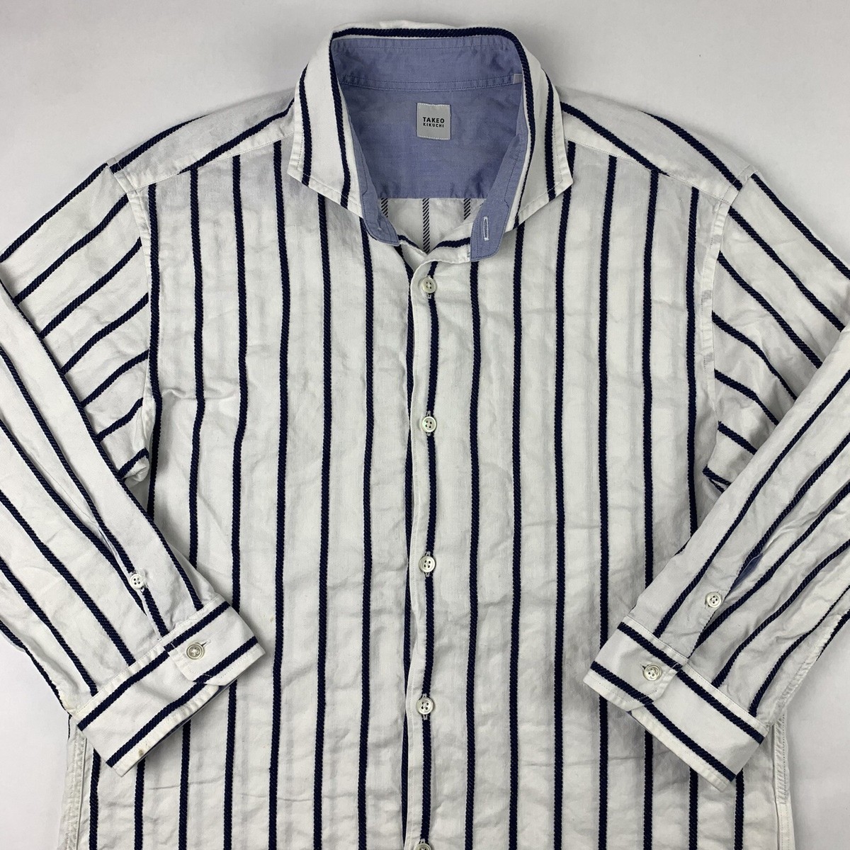 Takeo Kikuchi Shirt Mens 4 White Striped Button Up 3/4