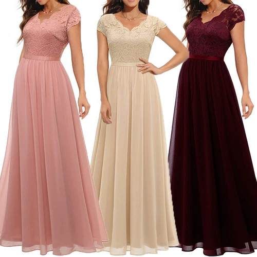 Schickes Damen Spitze Maxi Chiffon Brautjungfer formell Abschlussball Abend Hochzeit Party Kleid - Bild 6 von 34