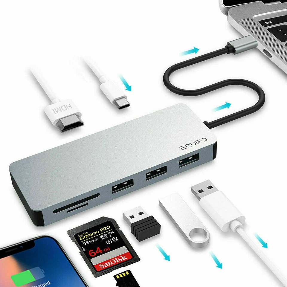 Aluminum USB C Hub 7-in-1 Adapter 4K HDMI Card Reader USB 3.0 100W PD Charging - Image 3 of 4