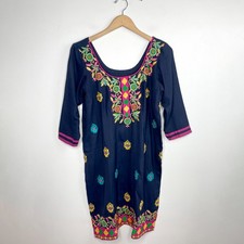 Vintage Indian Embroidered Kurta Tunic Dress Top Sz M Yellow Floral Boho Folk