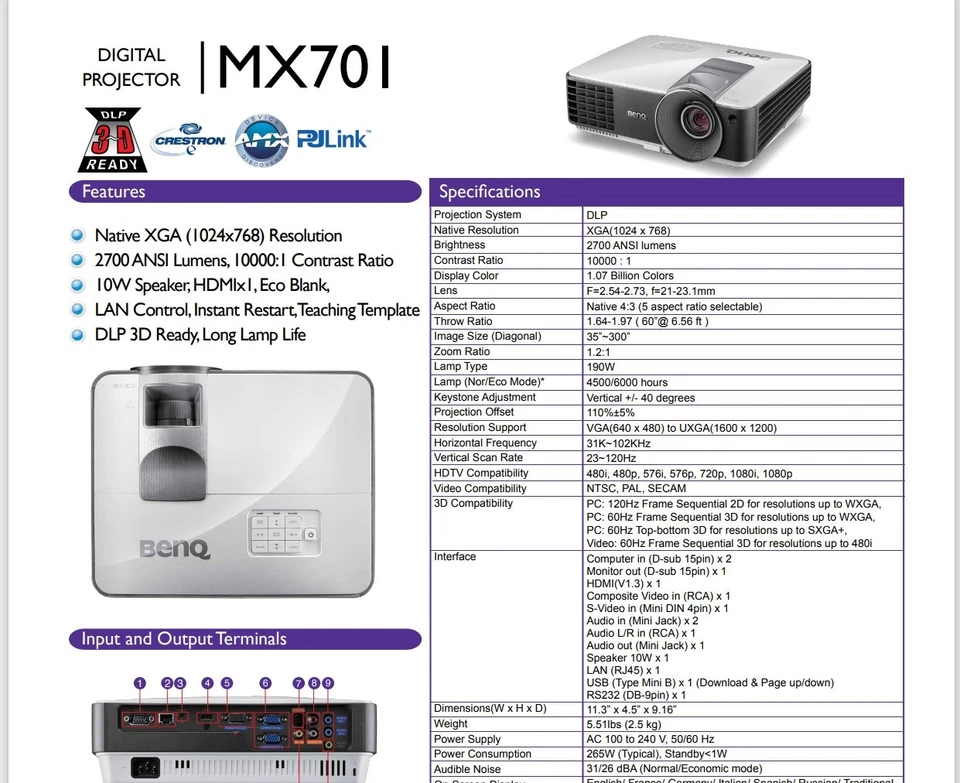 Benq MX701 PROJECTOR 2700 LUMEN XGA RESOLUTION WITH REMOTE, MINT Foto 4 de 4