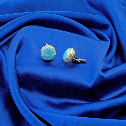 Men Cufflinks 925 Sterling Silver Gold Plated Dominican Larimar Gemstone Jewelry - Picture 3 of 5