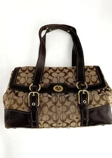 Coach Signature HAMPTON Flap Satchel #11061 Bag Purse Shoulder Tote Leather Trim