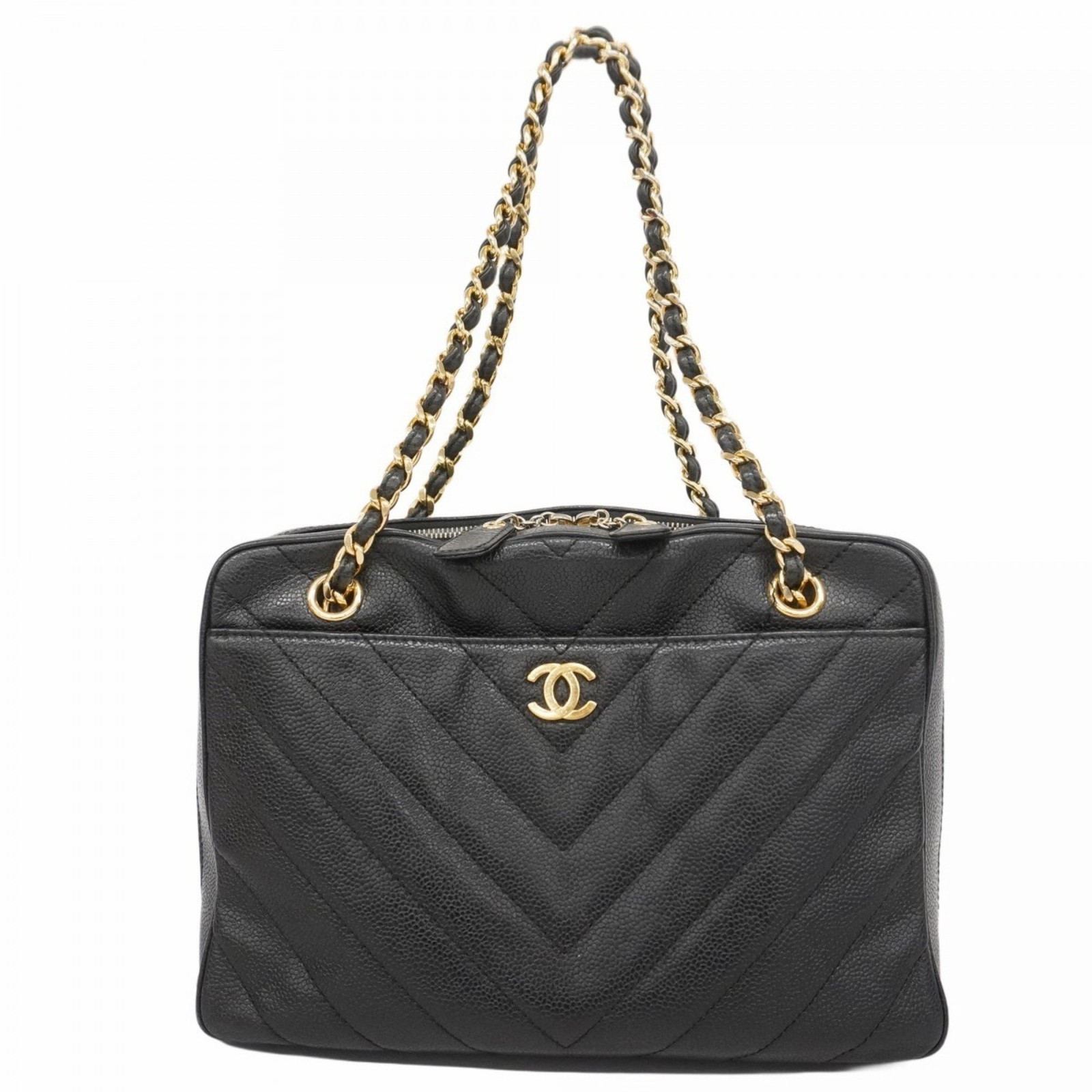 Chanel CaviarSkin V Stitch Chain Shoulder Bag Black for Women GZl1a7bq-image